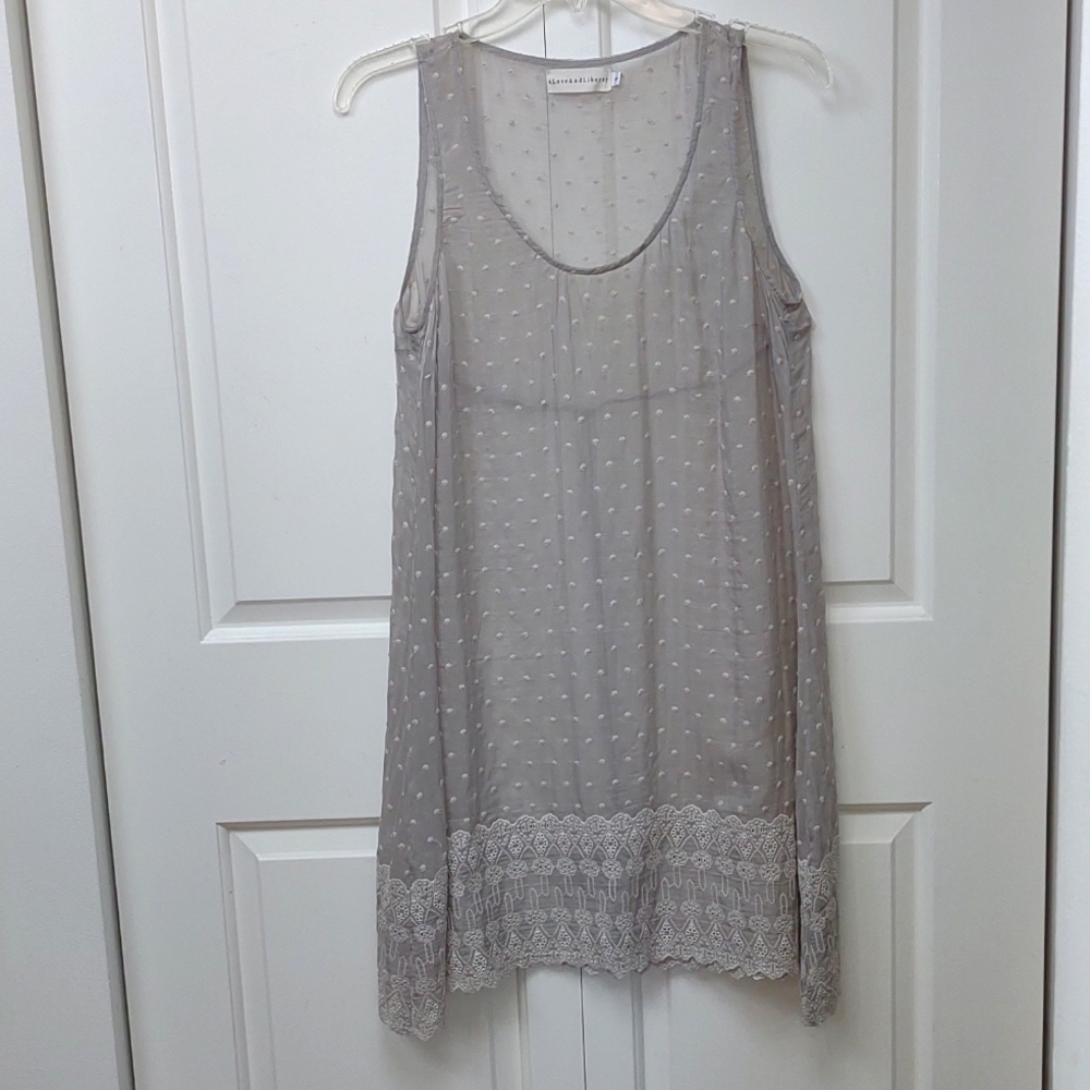 Johnny Was Gray Silk Sheer Swiss Dot Sleeveless Crochet Hem Dress With Silk Slip - Picture 4 of 11